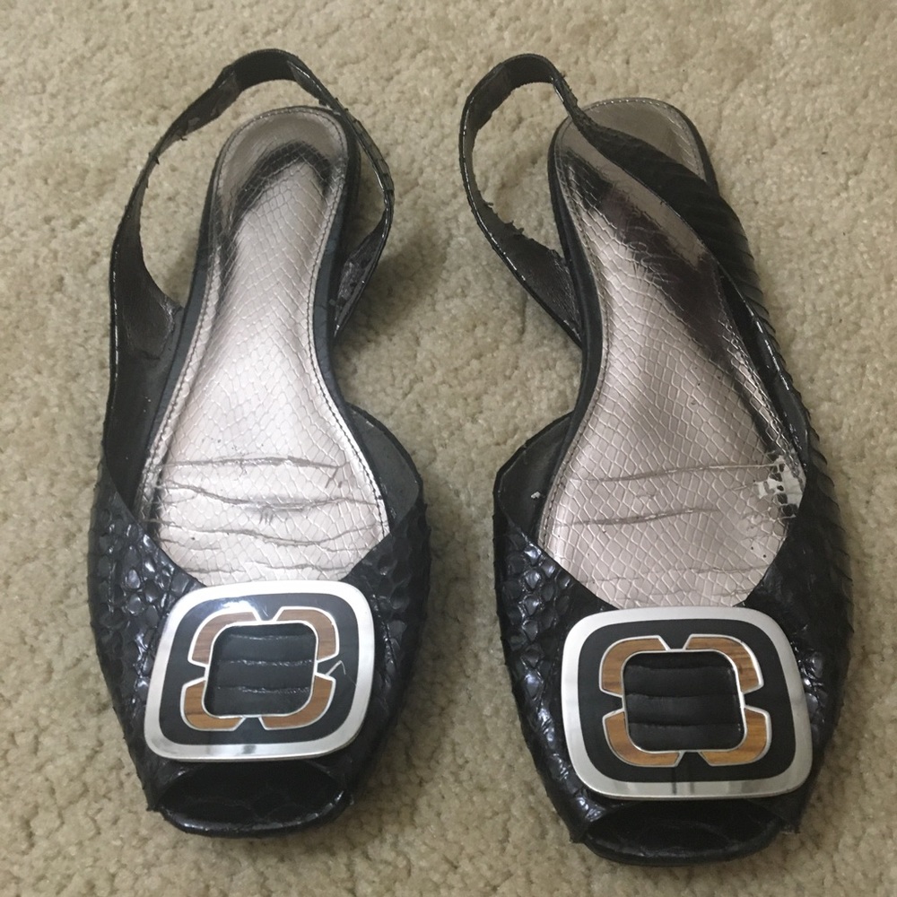 Sam Edelman Erica Flats Peep Toe Snakeskin Embossed Leather Slingback Black - Picture 2 of 13